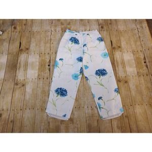 Vintage Bob Mackie Lined Linen White Pants Blue Flowers Green Leaves Sz 6